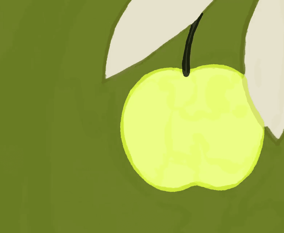 Painted green apple hanging between cream leaves on an olive field