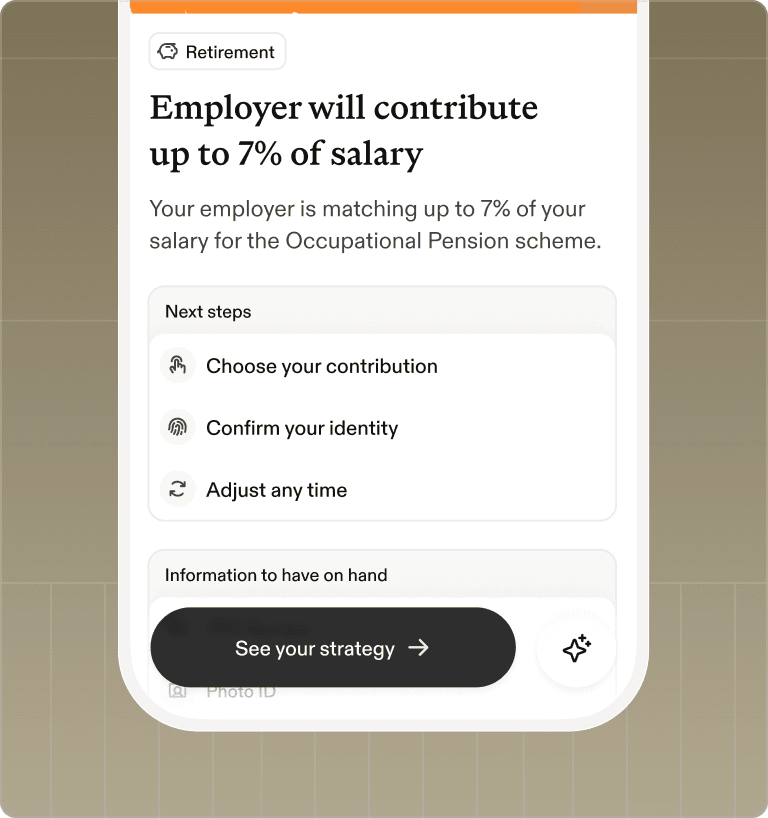 The Kota mobile app showing a pension benefit: the employer contributes up to 7% of salary, with next steps to choose a contribution, confirm identity and adjust any time.